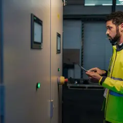 Mężczyzna w kamizelce odblaskowej sprawdza tablet przy szafce energetycznej. Konserwacja systemu przebiega sprawnie.