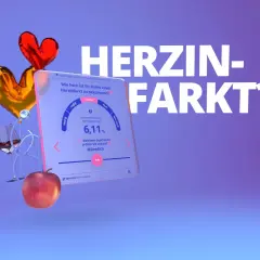 Herzinfarkt-Risiko-Rechner mit Herzballons, Wein und Apfel. Erfahren Sie mehr über Risikofaktoren für einen Herzinfarkt.