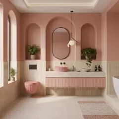 Nowoczesna łazienka w pastelowych kolorach. Zamiast płytek, ściany pokrywa gładka farba do łazienki, tworząc spójną i elegancką przestrzeń.