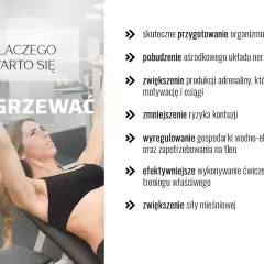 Kobieta ćwiczy na ławce skośnej. Tekst informuje, dlaczego warto się rozgrzewać, wymieniając korzyści, np. przygotowanie organizmu do wysiłku.