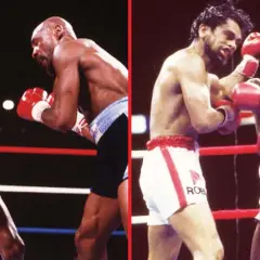 Sugar Ray Leonard in action, showcasing some of his best fights. Two iconic boxing matchups are shown side-by-side.