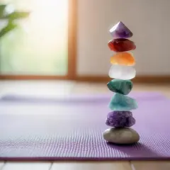 En stapel färgade stenar, som en bok om stenar, balanserar på en yogamatta.