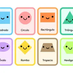Tarjetas con figuras geométricas para imprimir: cuadrado, círculo, rectángulo, triángulo, óvalo, rombo, trapecio y hexágono, todos con caritas sonrientes.