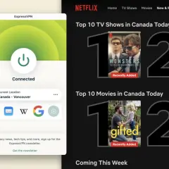 Ekran aplikacji ExpressVPN połączonej z Kanadą, obok listy Top 10 seriali i filmów na Netflix w Kanadzie.