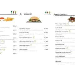 Menu z Grecji: przystawki, owoce morza i dania główne. Ceny w euro, np. Black Angus Ribeye 28,00 €, Mousakas 10,00 €.