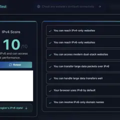 Test połączenia IPv6/IPv4: sieć w pełni obsługuje IPv6, co to jest? Wynik 10/10. Dostęp do stron IPv6-only z doskonałą wydajnością.