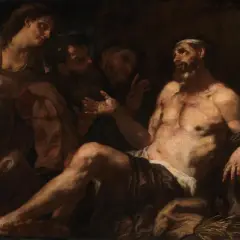 Hiob cierpiący, otoczony przez przyjaciół, którzy próbują go pocieszyć. Obraz oddaje dramat i ból, jak w streszczeniu księgi Hioba.