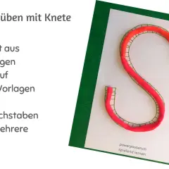 Rote Kneteschlangen formen den Buchstaben S auf einer Vorlage. Kinder üben so spielerisch, Buchstaben zu schreiben.