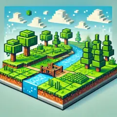 Dwóch bohaterów Minecrafta z kilofami, gotowych do akcji. W tle zielony świat z rzeką i drzewami, idealny do gry z komendą `keep inventory`.