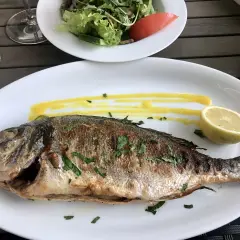 Dorade entière grillée à la plancha, sauce jaune, quartier de citron. Parfait pour le temps de cuisson.