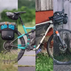 Dwa rowery gotowe na przygodę bike packing. Jeden z sakwami z tyłu, drugi z torbą na kierownicy i ramie.