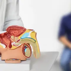 Ärztliche Aufklärung über die Prostata-Operation bei Prostatakrebs. Ein Modell zeigt die Anatomie, während ein Mann im Hintergrund wartet.