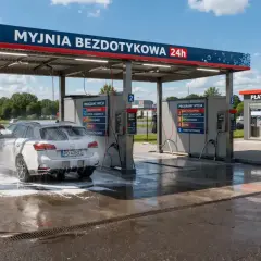 Nowoczesna myjnia samochodowa 24h z myjącym się autem i stanowiskami do odkurzania.