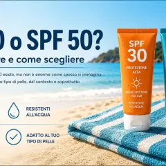 Due tubetti di crema solare viso SPF 30 e SPF 50 sulla spiaggia, con cappello e occhiali da sole. Protezione quotidiana per la tua pelle.