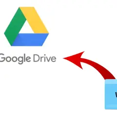 Learn how to upload a long video to Google Drive. A red arrow points from a "Videos" folder to the Google Drive logo, illustrating the process.