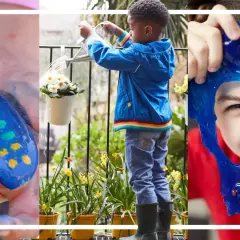 Barn målar stenar, vattnar blommor och leker med slime. Roliga aktiviteter i skogen med barn som inspirerar till lek och kreativitet.