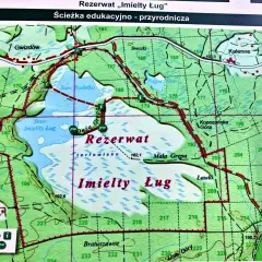 Mapa ścieżki edukacyjnej „Imielty Ług” w lasach janowskich. Atrakcje przyrodnicze, punkty widokowe i miejsca odpoczynku.
