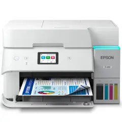 Biała drukarka Epson ET-4950 z kolorowym ekranem i wydrukowanym dokumentem.