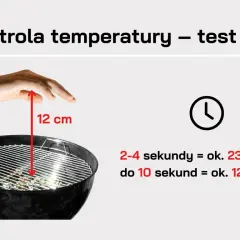 Test ręki nad grillem: 12 cm nad rusztem. 2-4 sekundy to 230-290°C, do 10 sek. to 120-175°C.
