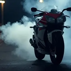 Mi moto echa humo blanco y huele a quemado. La luz de la calle ilumina la escena mientras el humo envuelve la motocicleta deportiva.