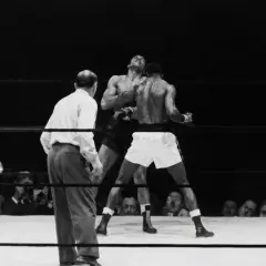 A referee watches as two boxers battle in the ring. One boxer, with his head thrown back, is hit. This intense moment captures the fight for who is the king of boxing.