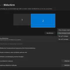 Bildschirm-Einstellungen: Zwei Monitore (1 und 2) sind sichtbar. Optionen zum Erweitern oder Duplizieren der Anzeigen sind verfügbar.