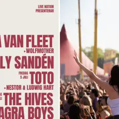 STHLM Fields festivalaffisch med artister som Greta Van Fleet, Molly Sandén, Toto, The Hives. Publiken jublar i bakgrunden.