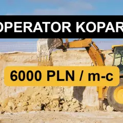 Operator koparki zarabia 6000 PLN miesięcznie. Żółta koparka pracuje na budowie.