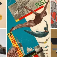A collage of constructivism art, featuring abstract shapes, divers in mid-air, and industrial elements.