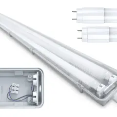 Lampa przemysłowa z dwoma świetlówkami, odporna na wilgoć i pył (klasa szczelności **halogen ip65**). Widoczne elementy montażowe i świetlówki.