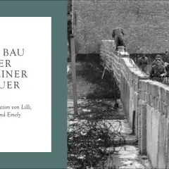 Schwarz-Weiß-Foto: Bau der Berliner Mauer mit Soldaten und Ziegelsteinen.