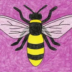 Un dibujo abeja facil con rayas amarillas y negras, alas rosadas y fondo morado.