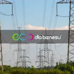 Wysokie słupy energetyczne na tle błękitnego nieba. Logo "dla biznesu" sugeruje, że warto sprawdzić, ile kosztuje kWh.