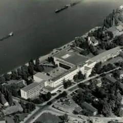 Luftaufnahme von Bonn am Rhein, als die Stadt Hauptstadt war. Mehrere Schiffe auf dem Wasser, Regierungsgebäude und Bäume.