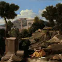 A lone figure in a yellow robe reads amidst ancient ruins, a scene evoking the contemplative spirit of baroque artists.