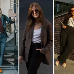 Trzy kobiety w eleganckich, ale **casual** stylizacjach z marynarkami. Jedna wychodzi z budynku, druga stoi na ulicy, trzecia opiera się o ceglaną ścianę.
