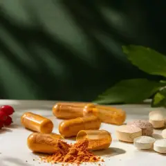 Kapsułki z berberyną i tabletki. Zastanawiasz się nad berberyną? Przeciwwskazania są ważne. Czerwone owoce i liście sugerują naturalne pochodzenie.