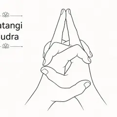 Manos entrelazadas formando el Matangi Mudra, con los dedos índice y medio apuntando hacia arriba.