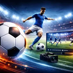 Piłkarz kopie piłkę na tle stadionu, obok telewizor z transmisją meczu i puchar.