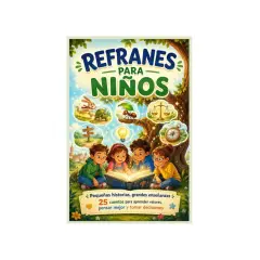 Ilustración de un libro titulado "Refranes para niños", con cuatro niños leyendo un libro mágico. Incluye imágenes de animales y símbolos de sabiduría.