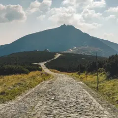 Kamienista droga prowadzi na szczyt Śnieżki w Karkonoszach. W oddali widać budynki obserwatorium.