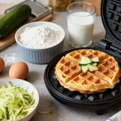 Gaufre courgette dorée dans un gaufrier, entourée d'ingrédients : courgettes râpées, œufs, farine et lait.