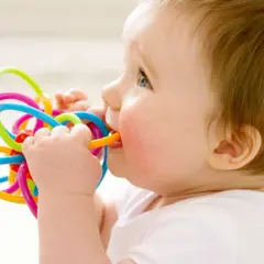 Bambino di 1 anno con dolore ai denti, che morde un giocattolo colorato per alleviare il fastidio.