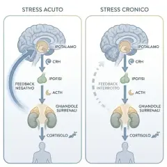 Schema che illustra stress acuto e cronico. Mi sento come se sto vivendo un periodo difficile, con il feedback interrotto che causa un eccesso di cortisolo.