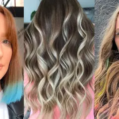 Tres estilos de cabello: mechas rubias con ondas, cabello castaño con puntas azules y mechas de colores vibrantes sobre cabello rubio.