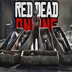 Mężczyzna w stroju z gry Red Dead Redemption stoi nad kilkoma trumnami z ciałami.
