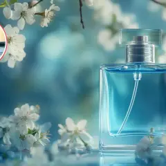 Frasco de perfume azul con un brillo refrescante, evocando la frescura de la naturaleza. Una posible equivalencia de Mercadona para un aroma cautivador.