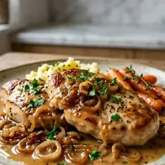 Escalope de dinde savoureuse, nappée d'une sauce onctueuse aux oignons caramélisés, accompagnée de carottes glacées et d'une purée crémeuse.