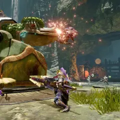 Spieler in einem Koop-Spiel kämpfen gegen einen riesigen, froschähnlichen Gegner. Ein Spieler auf einem lila Pferd greift an.