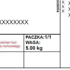 Fragment etykiety DPD z danymi nadawcy i odbiorcy, informacją o wadze paczki 5.00 kg oraz miejscem na symbol towaru.
